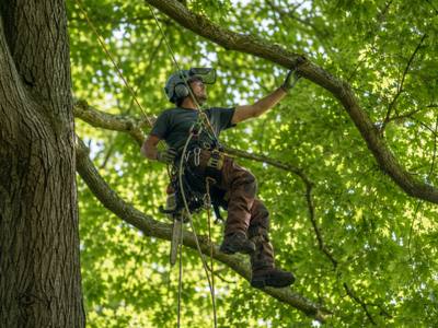 Crew member cutting a branch section overhead