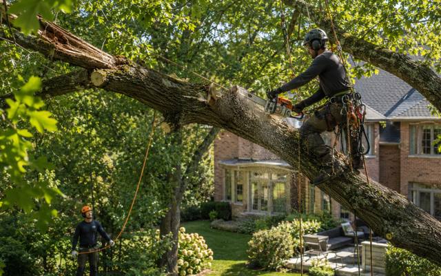 Crew clearing storm-damaged tree limbs from a yard